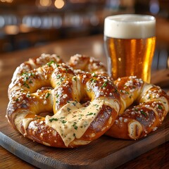 Golden Pretzel Delight with Beer: Two perfectly baked pretzels are presented alongside a full glass of beer, a culinary combination. The pretzels sit on a wooden board.