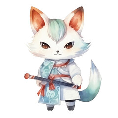 fox kitsune warrior holding katana swoord cute watercolors illustration on white background
