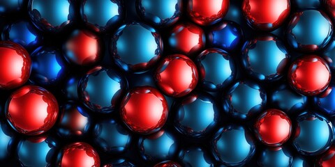 Metallic spheres in vibrant red and electric blue embedded in a high-gloss dark grid pattern