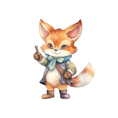 fox pointing finger cute watercolors illustration on white background