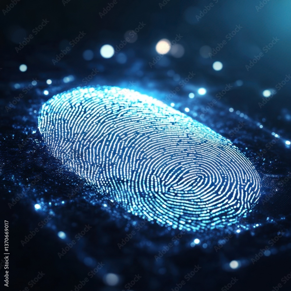 Poster glowing blue fingerprint on dark background with bokeh lights. abstract digital art depicting biomet