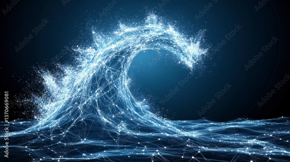Poster abstract digital rendering of a glowing blue wave composed of particles, set against a dark backgrou