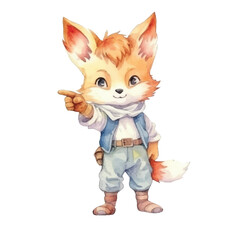 fox pointing finger cute watercolors illustration on white background