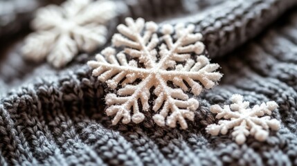 Snowflakes on Knitted Gray Blanket