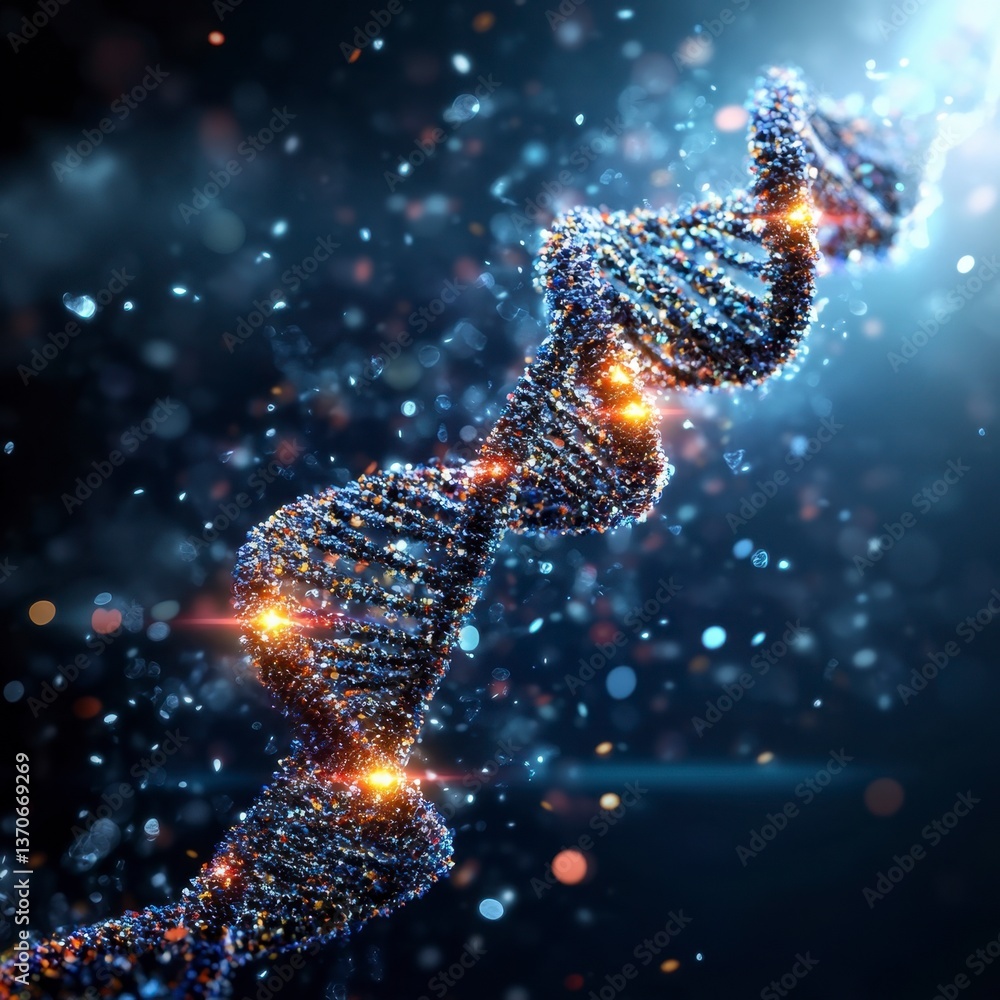 Poster glowing dna double helix against a dark background with bokeh effect. digital art depicting genetic 
