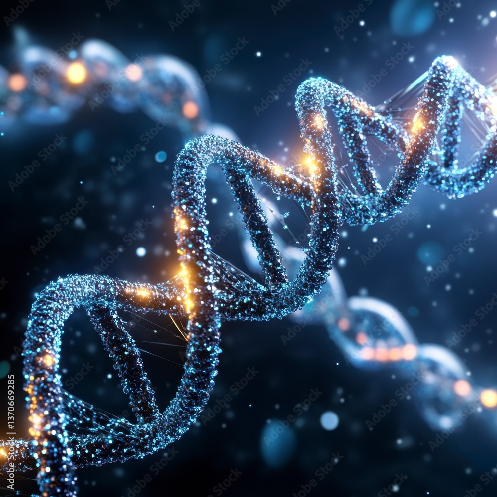 Poster abstract 3d rendering of a dna double helix, glowing with golden particles against a dark blue backg