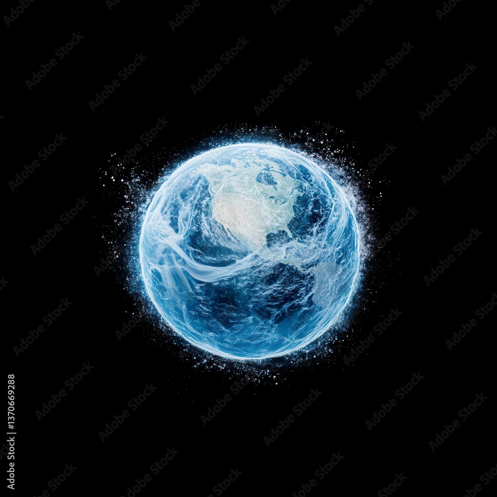 Poster abstract digital rendering of earth glowing with light particles on a black background. detailed vie