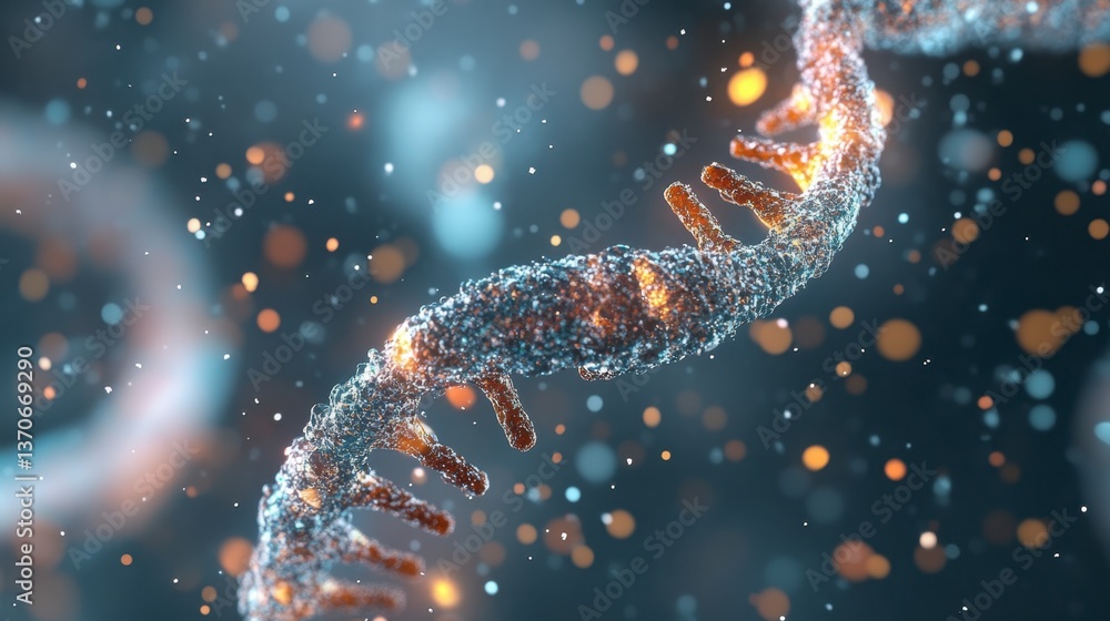 Poster microscopic view of a dna double helix, glowing with orange and blue light, in a dark background wit