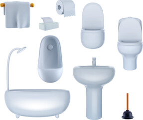 Vector 3d toilet, bath, sink basin, terry towel, plunger, paper napkin in realistic style. Set home decoration for bathroom or wc.
