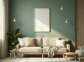 beige sofa in a minimalist living room with empty frame