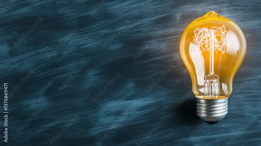 Poster glowing lightbulb with tree branch design inside, on dark gray chalkboard background. idea concept. 