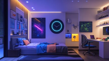 Modern, vibrant bedroom with LED lighting, art, and a study area
