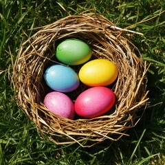 Colorful eggs in a nest on green grass