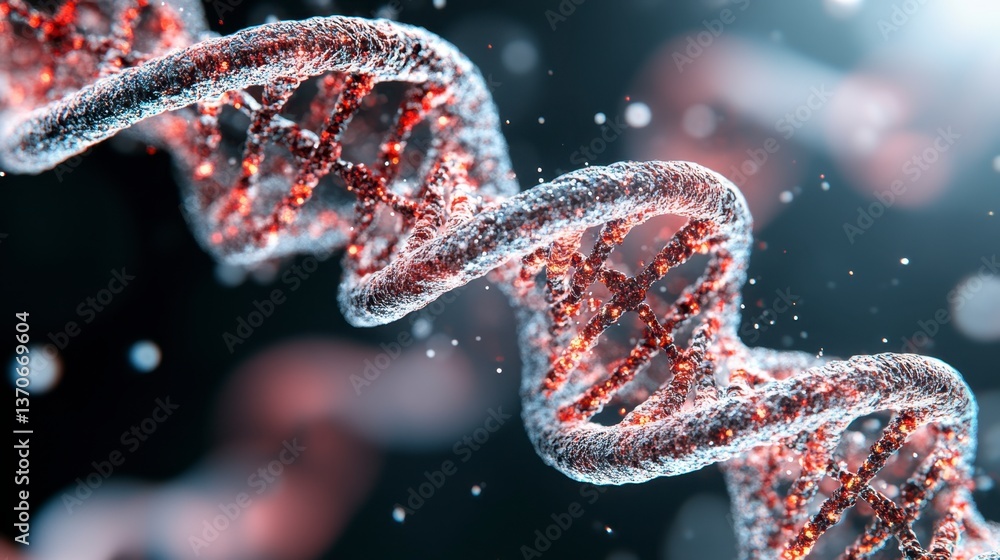 Poster microscopic view of a dna double helix, glowing with red and white light against a dark background. 