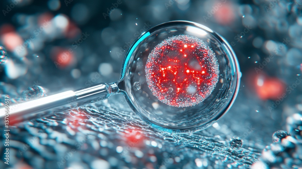 Poster microscopic view of a glowing red particle cluster inside a glass magnifying lens, on a reflective s