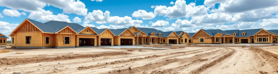 several new houses under construction showcasing exposed wood framing and dark gray roofs under a bright blue sky.