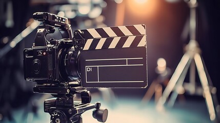 Film set, camera, clapperboard.  Professional video equipment