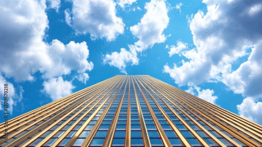 Poster low angle view of a gold skyscraper reaching towards a blue sky with fluffy white clouds. the buildi