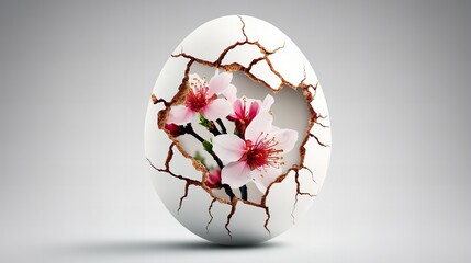 Cracked white egg shows pink blossom flowers against a bright gray background! - high quality Cracked white egg shows pink blossom flowers against a b