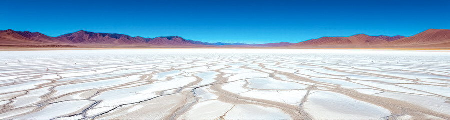 panoramic view of a salt flat desert with cracked and reddish-brown mountains under a vibrant blue sky