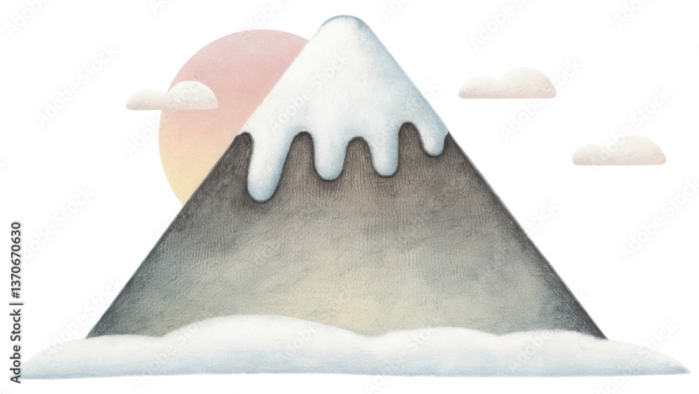 Poster serene mountain landscape with snowy peak and soft clouds in environment. clip art isolated on trans