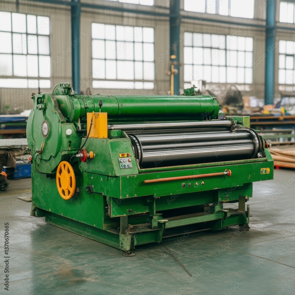 Poster green industrial machine in a factory setting. the machine has multiple rollers and appears to be us