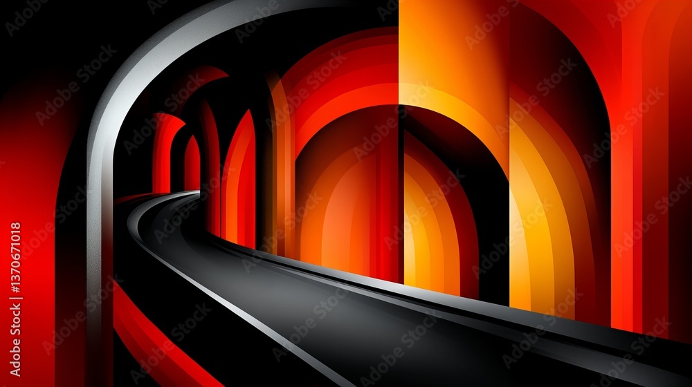 Poster curving road passes through a series of arches with gradient colors ranging from red to yellow, crea