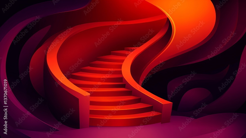 Poster curved red staircase ascends into a dark abstract space with an orange gradient light above.