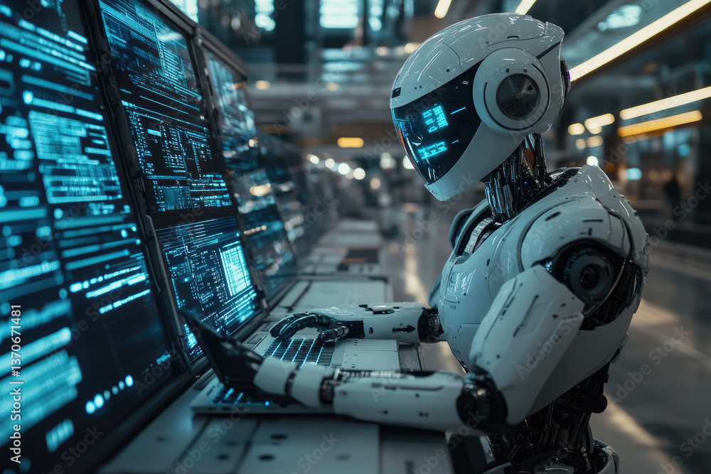 Poster futuristic humanoid robot working on multiple high-tech computer screens in a modern ai research cen