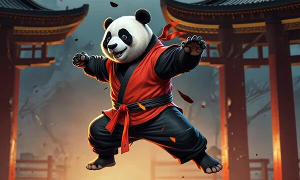 Panda bear in karate stance with red and black gi in front of temple gates