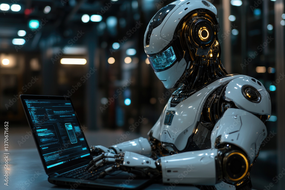 Poster futuristic humanoid robot working on multiple high-tech computer screens in a modern ai research cen