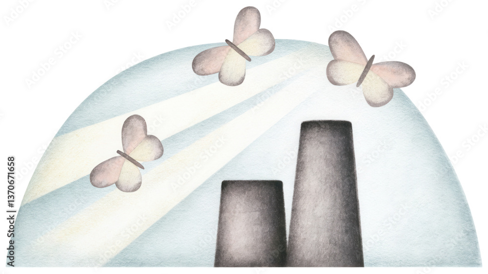Aufkleber serene environment with butterflies soaring above two tall structures evokes sense clip art isolated
