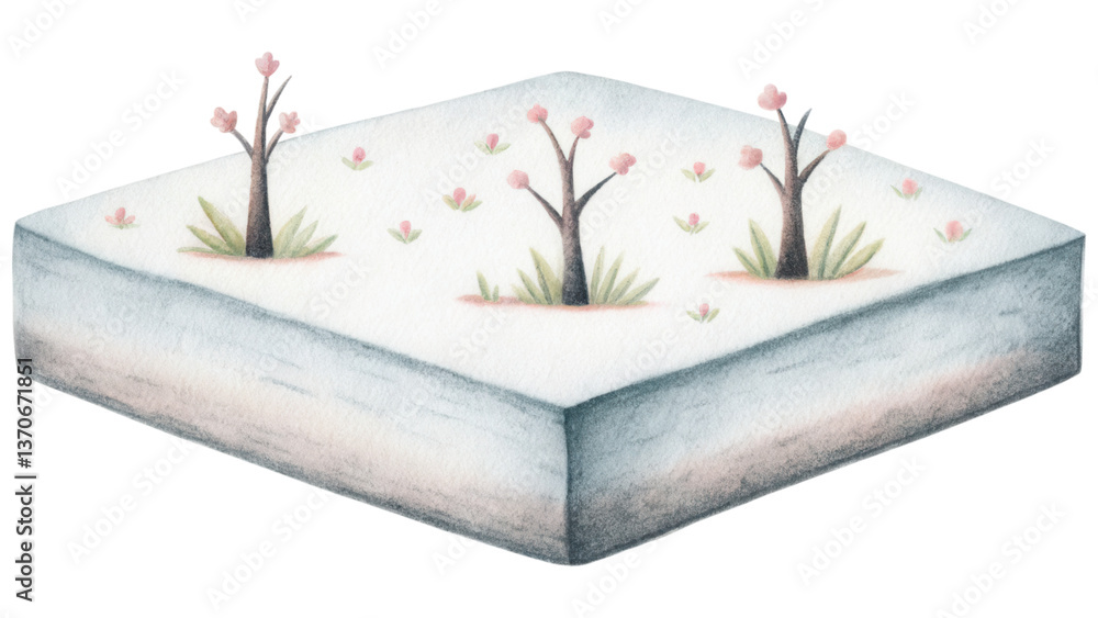 Poster serene environment features soft landscape with delicate trees and flowers. clip art isolated on tra