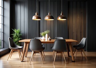 Modern Dining Set Black Paneling Wall Interior