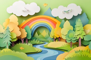 Obraz premium Papercut Scenic Landscape with Rainbow, Trees, River, Clouds and Mountains Design