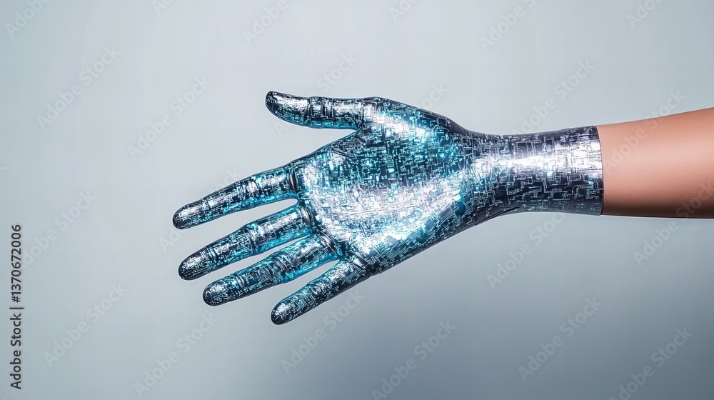 Poster cyborg hand extends outward, displaying intricate circuitry and metallic textures against a gradient