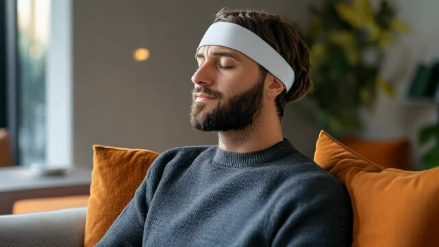 A man wearing a mental health tech headband designed to reduce anxiety through neurofeedback technology and personalized treatments.