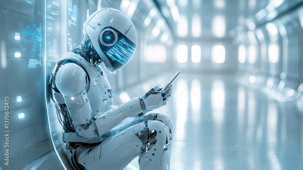 Poster futuristic humanoid robot sitting in a high-tech corridor, using a digital tablet. concept of artifi