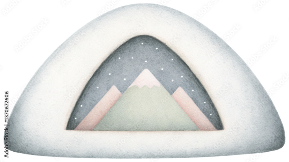Poster serene environment showcases snowy mountain scene with soft colors and gentle shapes. clip art isola