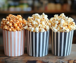 A Trio of Popcorn Delights: Close-up of three stylish striped paper cups filled to the brim with a medley of popcorn varieties – classic, caramel, and savory. A visual feast for the senses.
