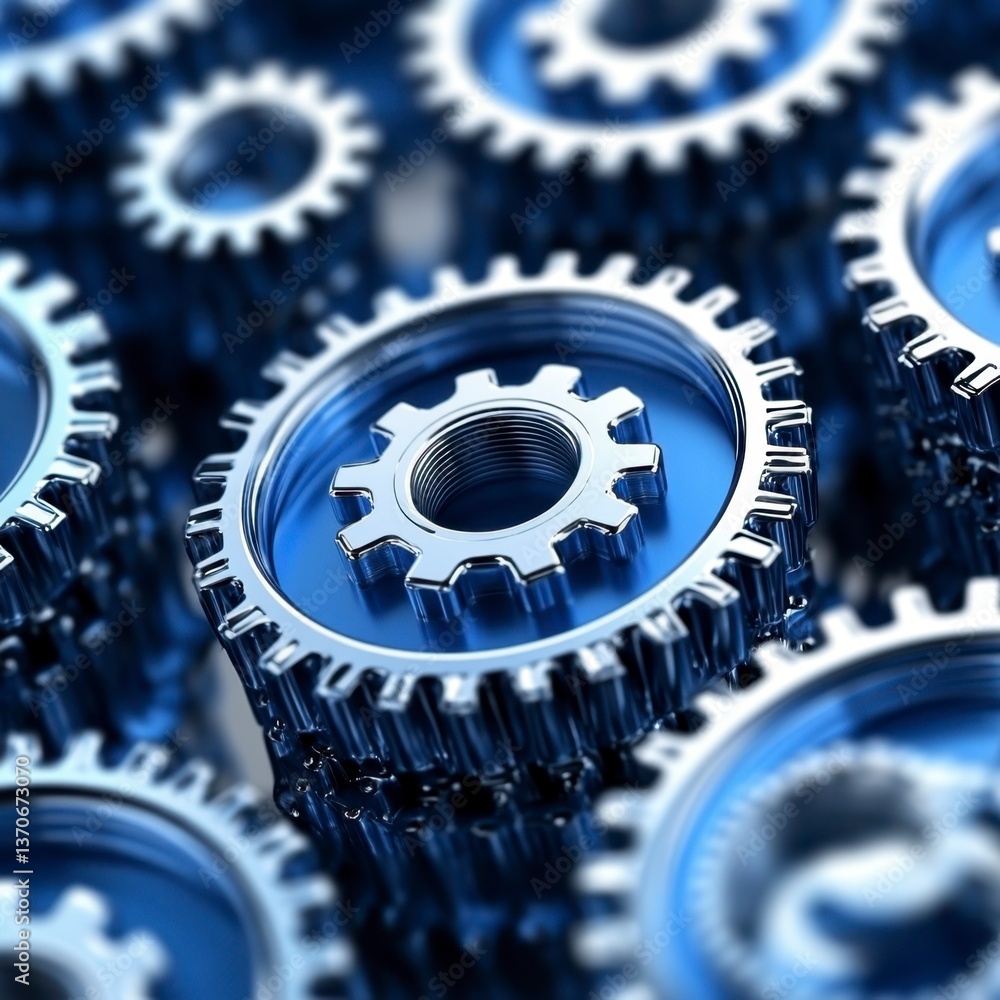 Poster close up view of metallic gears interlocking, showcasing intricate details and a cool blue tone. the
