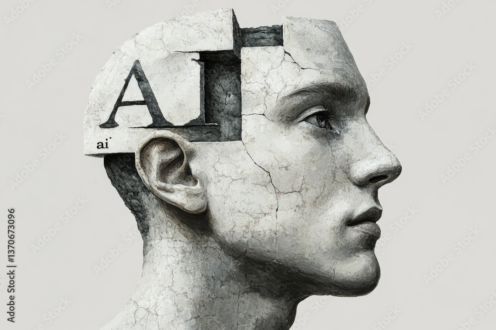 Poster conceptual image of artificial intelligence as a cracked human head with ai inscription, symbolizing