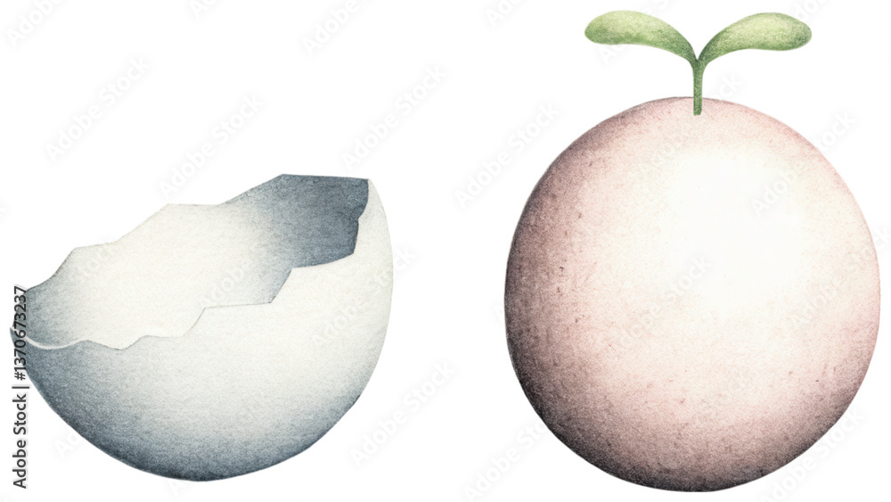 Poster delicate egg shell and sprouting fruit symbolize new beginnings in serene environment. clip art isol