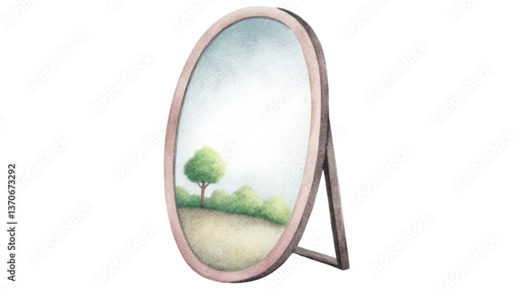 Poster beautiful mirror reflecting serene environment with tree and soft colors. clip art isolated on trans