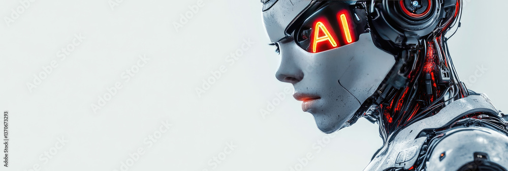 Poster cybernetic ai humanoid robot with a futuristic mechanical face,detailed metallic design,artificial i