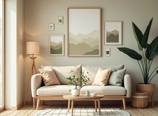 light beige minimalist sofa with blush and sage green cushions in a serene living room