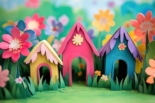 Colorful Paper Houses with Flowers, Cute Miniature Village, Meadow, Playful Scenery