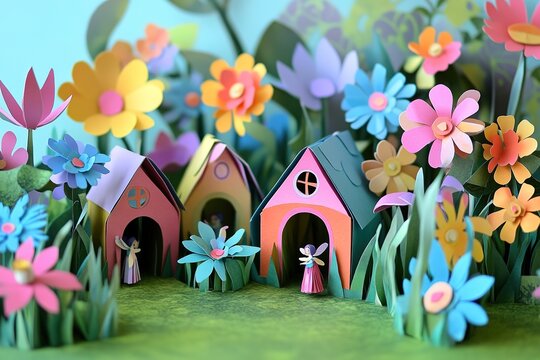 Papercraft Fairies by Houses in Flower Meadow, Whimsical Miniature Scene, Brightly Lit