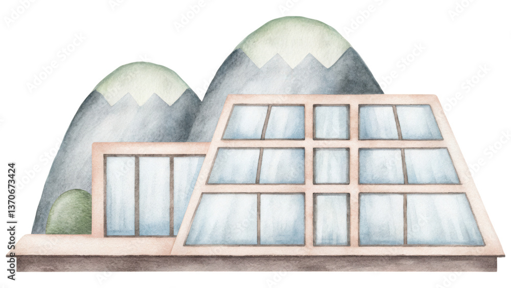 Poster modern architecture blends with nature in this serene environment. clip art isolated on transparency