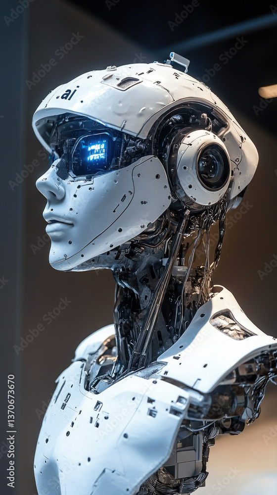 Poster close-up of a cybernetic ai humanoid robot with futuristic mechanical face,detailed metallic design,